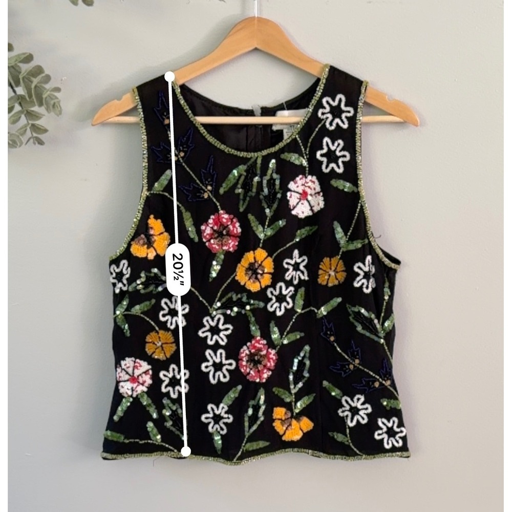 Paradise NY Vtg Vest Top 100% Silk Beaded Floral Sequin Black 90s Whimsigoth - Picture 3 of 8
